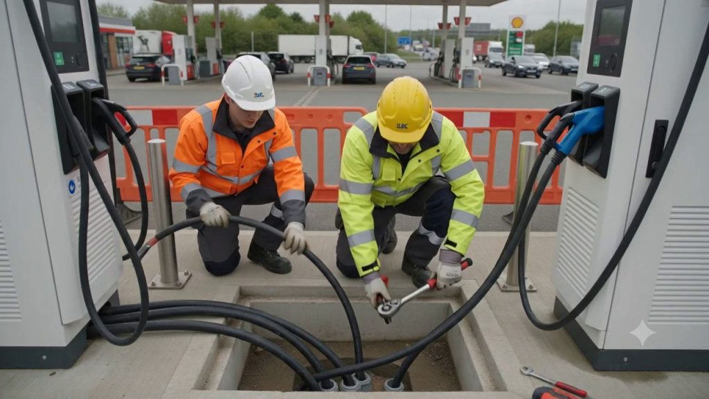 Technicians installing commercial EV chargers at ground level
