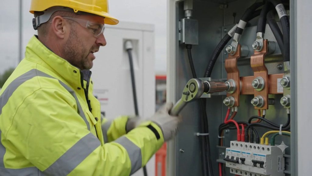 Electrician tightening connections inside a commercial EV charger